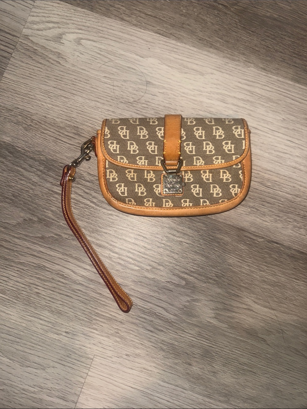 Women's Brown Monogram Wristlet Clutch with Tan Trim